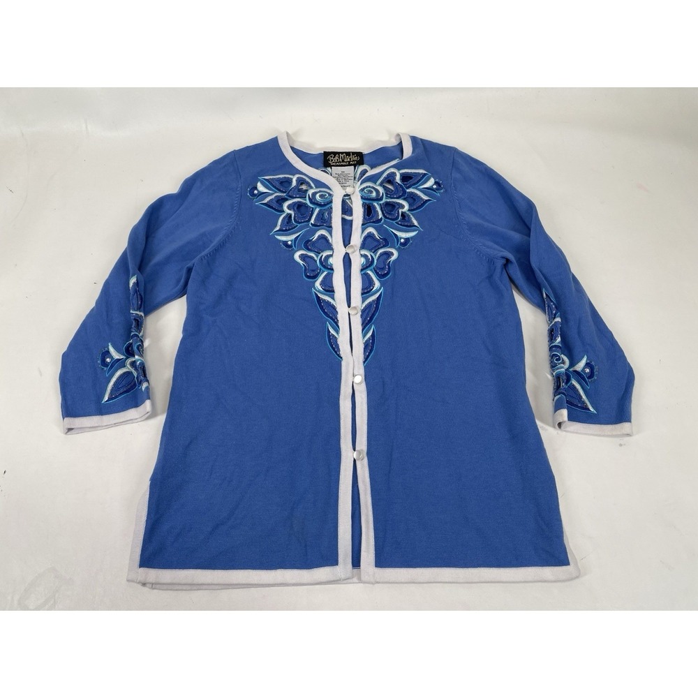 Bob Mackie Wearable Art Floral Embroidered Sequin Cardigan Womens Size XS‎ Blue